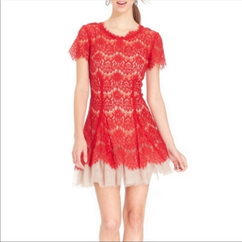 Betsy and Adam red lace dress with tulle skirt